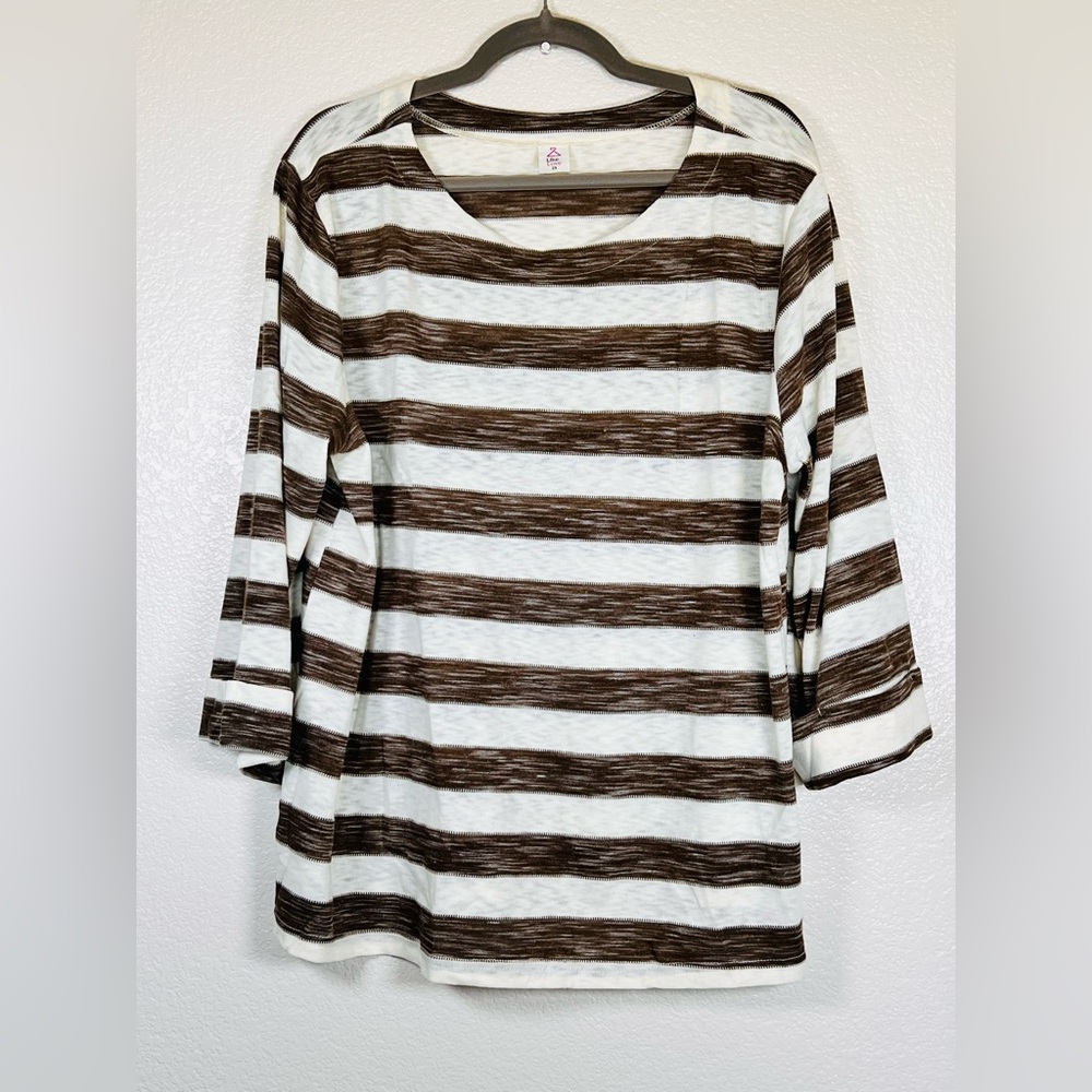 Brown and cream striped 3/4 sleeve top, size 2X